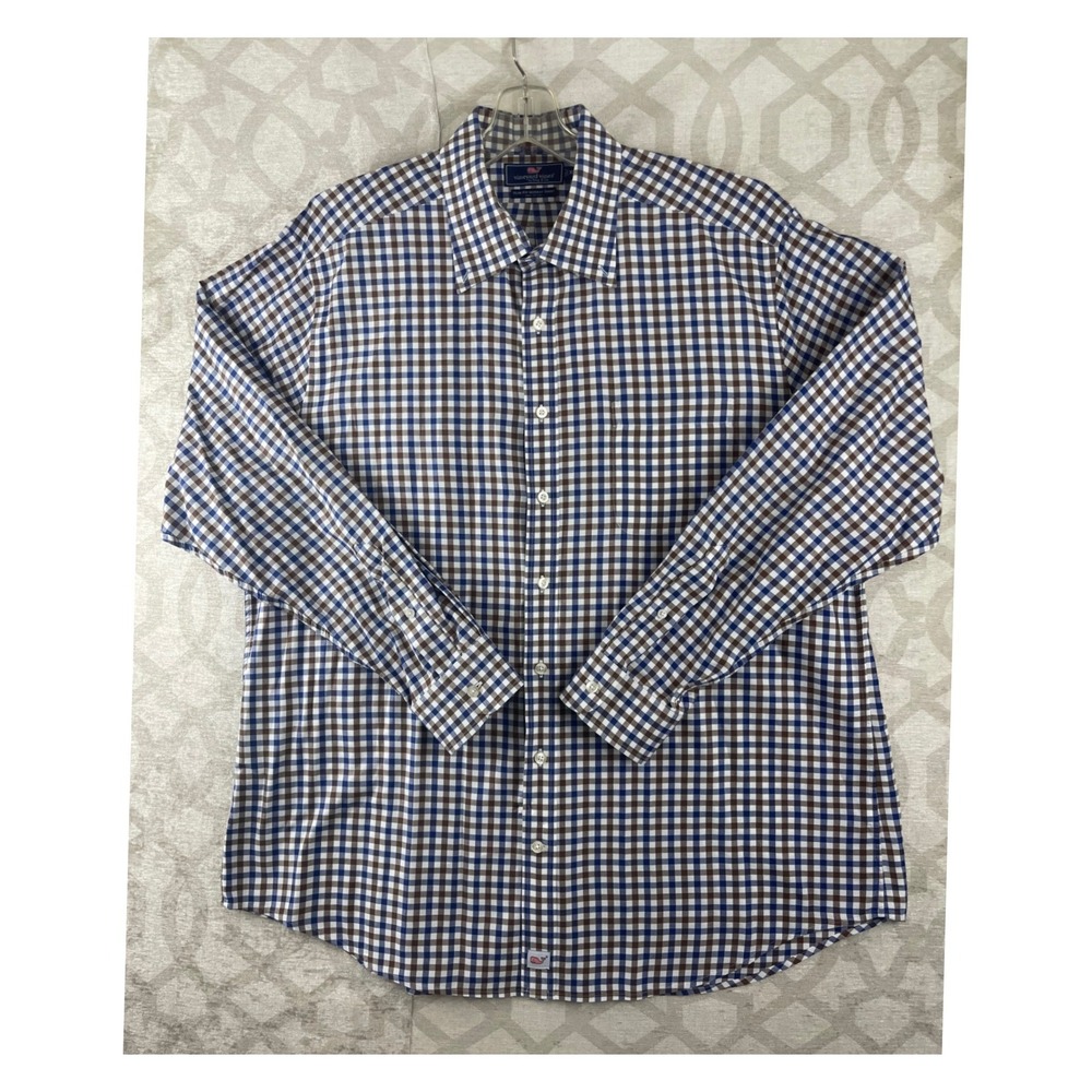 Vineyard Vines Mens XL Slim Fit Murray Shirt Blue‎ Brown Gingham Button Down
